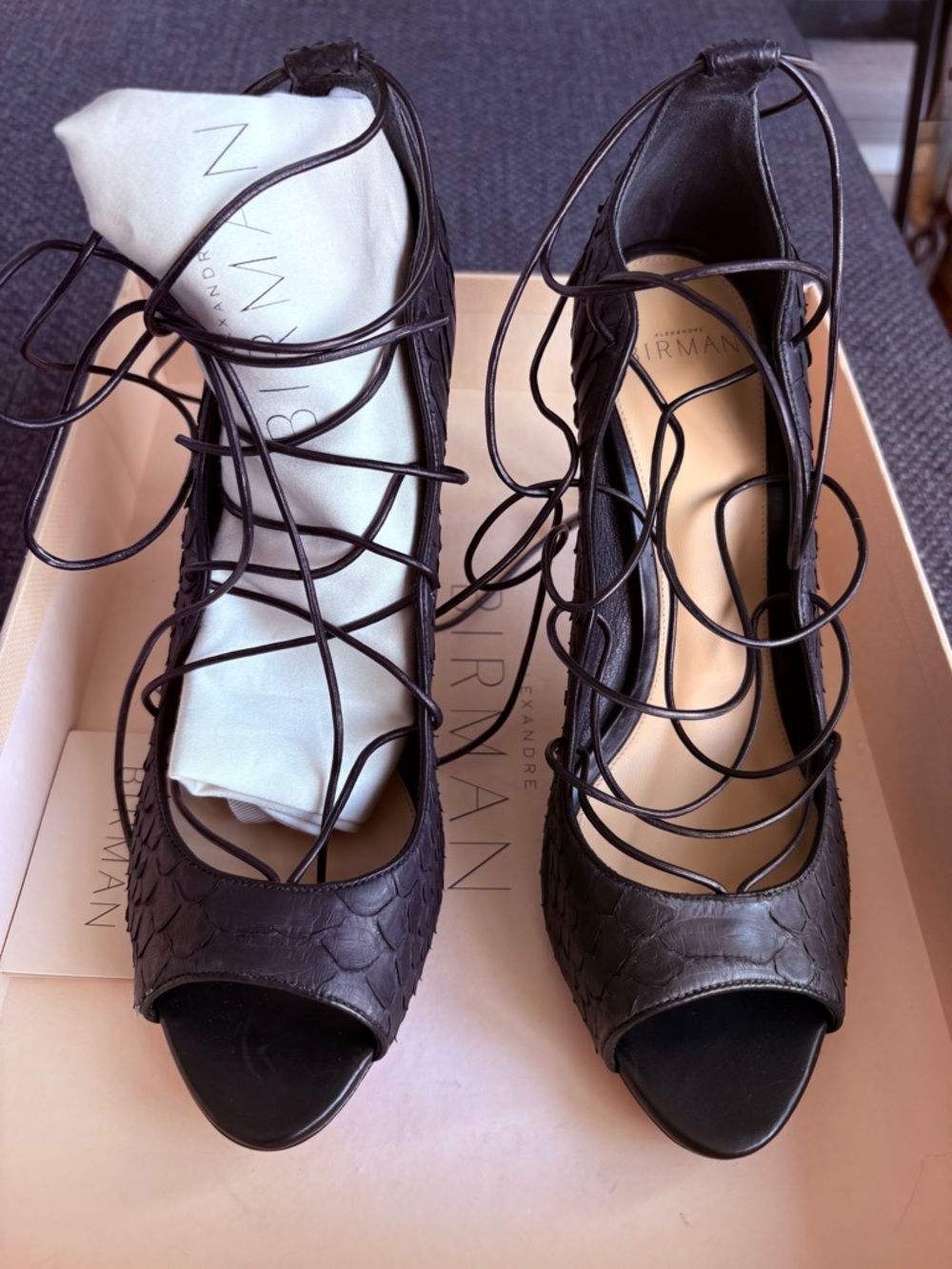 Alexandre Birman Black Lace-Up Open-Toe Heels